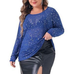 Plus Size Sheer Mesh Tops Sexy See Through Long Sleeve Blouse Dark Blue
